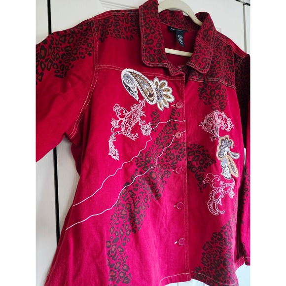 Denim & Co 2X Red Y2K Embroidered Jean Jacket Animal Print Button Boxy Western - Picture 8 of 14